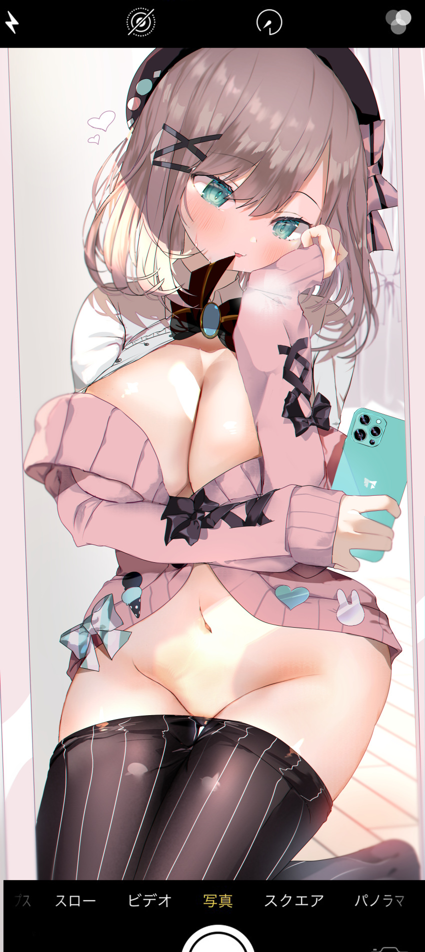 breast_hold kako_(bunny-garl) nijisanji no_bra nopan open_shirt pantyhose selfie suzuhara_ruru sweater