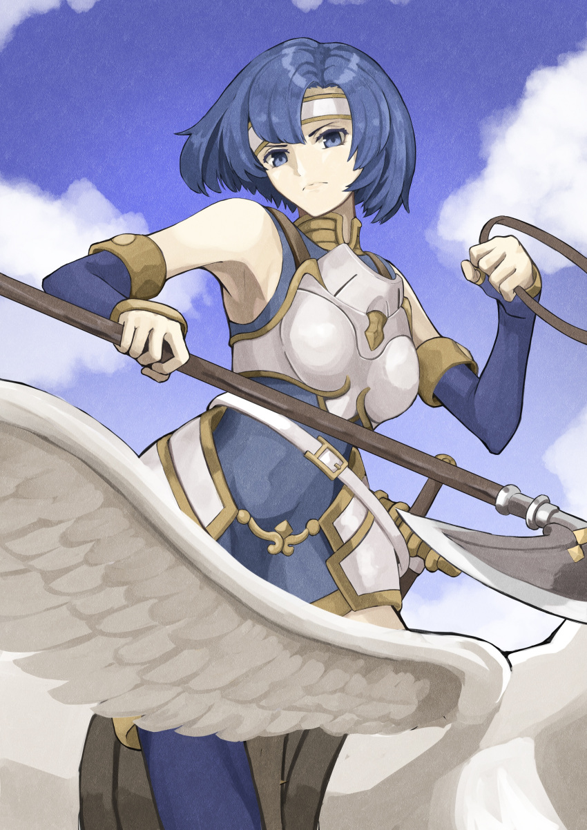 1girl absurdres armor asagao_21 bangs blue_eyes breastplate catria_(fire_emblem) fire_emblem fire_emblem:_new_mystery_of_the_emblem fire_emblem:_shadow_dragon_and_the_blade_of_light fire_emblem_echoes:_shadows_of_valentia headband highres holding holding_lance holding_polearm holding_weapon lance looking_at_viewer muneate pegasus_knight polearm short_hair upper_body weapon wings