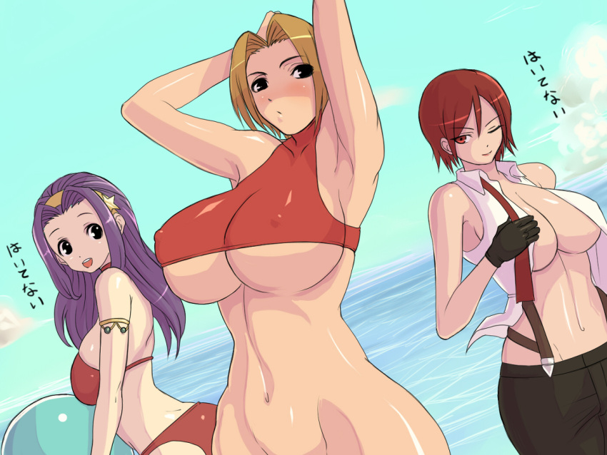 3girls arms_behind_head asamiya_athena ass b!sco ball beach beachball bikini blonde_hair blue_mary bottomless breasts cleavage commentary crop_top groin hairband midriff multiple_girls navel nipples no_bra no_panties out-of-frame_censoring purple_hair red_hair suspenders swimsuit the_king_of_fighters undressing vanessa_(kof)