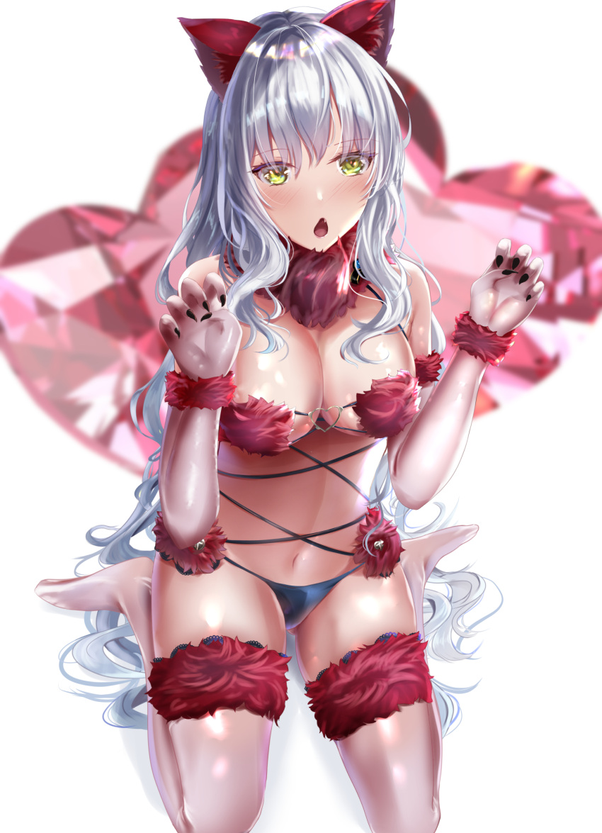 1girl animal_ears bangs bare_shoulders blush bow breasts caren_hortensia caren_hortensia_(amor_caren) cleavage cosplay dangerous_beast elbow_gloves fate/grand_order fate_(series) fur-trimmed_gloves fur-trimmed_legwear fur_collar fur_trim gloves highres lace-trimmed_legwear lace_trim long_hair looking_at_viewer mash_kyrielight mash_kyrielight_(cosplay) medium_breasts navel o-ring open_mouth red_gloves red_legwear revealing_clothes sitting tail thighs toukaiseiya wariza wavy_hair white_hair wolf_ears wolf_tail yellow_eyes