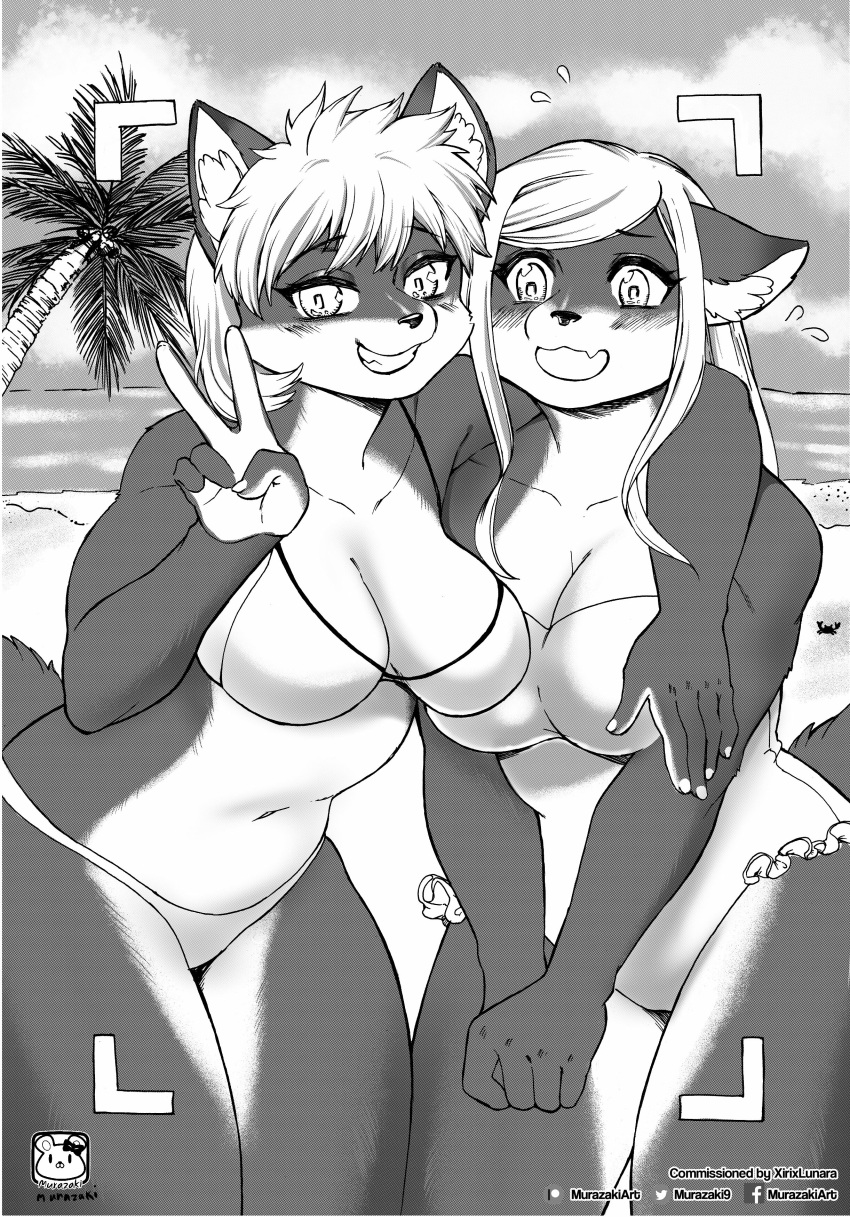 2020 absurd_res anthro arm_around_shoulders beach bikini biped breasts camera_view canid canine clothing duo female fox fur gesture greyscale hair hi_res kemono looking_at_viewer mammal midriff monochrome murazaki navel one-piece_swimsuit palm_tree plant seaside smile swimwear tree v_sign