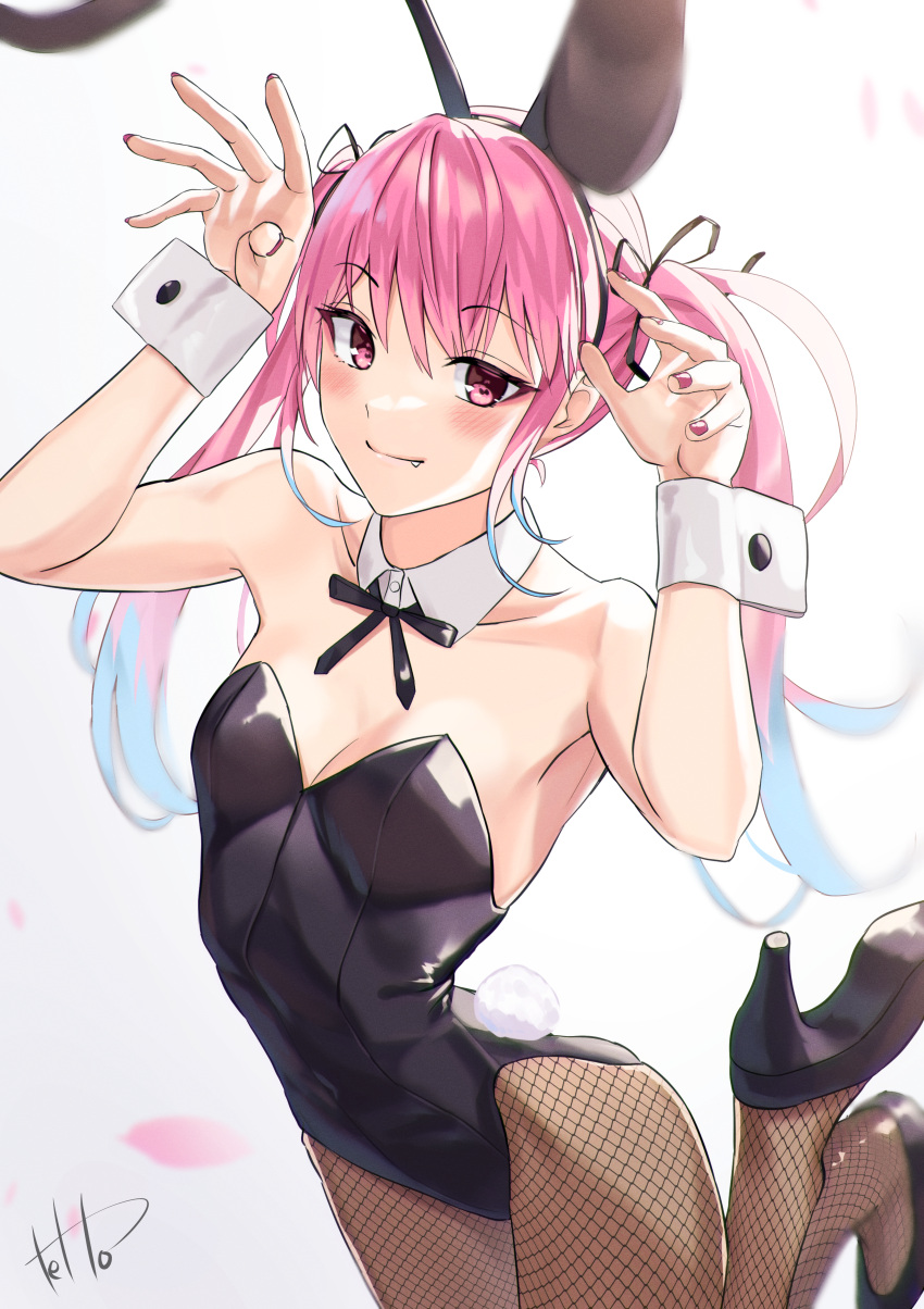 1girl absurdres animal_ears bangs bare_shoulders black_leotard blush bow breasts bunny_ears bunny_girl bunny_tail buta5813 cleavage colored_tips detached_collar fake_animal_ears fishnet_legwear fishnets hair_ribbon high_heels highres huge_filesize leotard long_hair looking_at_viewer medium_breasts multicolored_hair nail_polish original pantyhose pink_eyes pink_hair playboy_bunny red_nails ribbon smile solo strapless strapless_leotard tail twintails wrist_cuffs