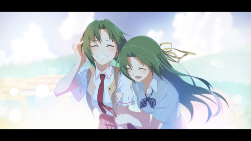 2girls :d black_border blue_neckwear blush border bow bowtie closed_eyes collared_shirt day dress_shirt facing_viewer floating_hair green_hair grin gulim hair_ribbon hand_in_hair highres higurashi_no_naku_koro_ni letterboxed long_hair multiple_girls necktie open_mouth outdoors pink_skirt pleated_skirt ponytail red_neckwear ribbon school_uniform shiny shiny_hair shirt short_sleeves siblings sisters skirt sleeveless sleeveless_shirt smile sonozaki_mion sonozaki_shion striped striped_bow striped_neckwear twins white_shirt wing_collar yellow_ribbon