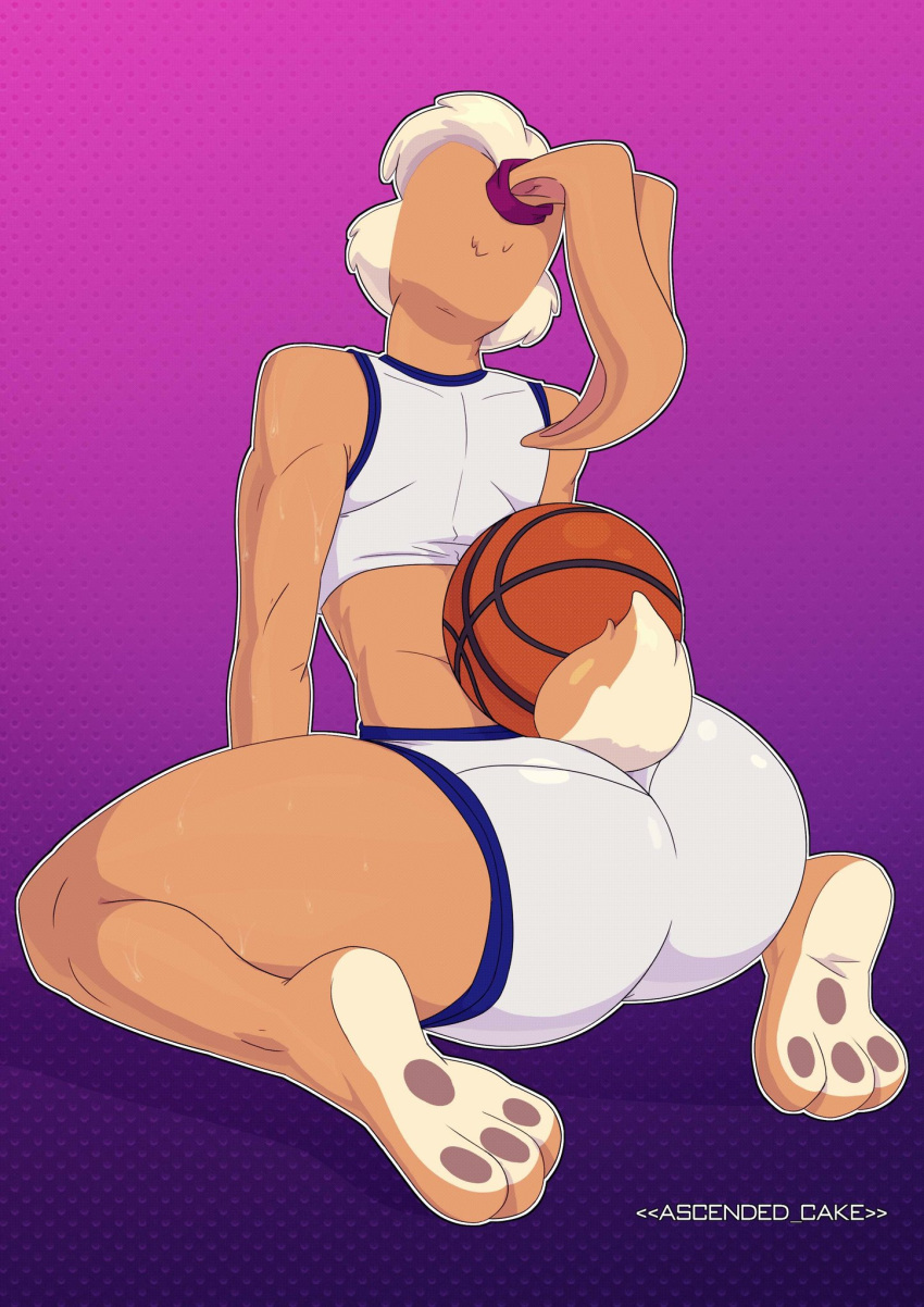 2021 anthro ascended_cake ball basketball basketball_(ball) big_butt blonde_hair bottomwear brown_body butt clothed clothing crop_top faceless_female female full-length_portrait hair hi_res kneeling lagomorph leporid lola_bunny looney_tunes mammal portrait purple_background rabbit rear_view shirt shorts simple_background solo space_jam topwear warner_brothers