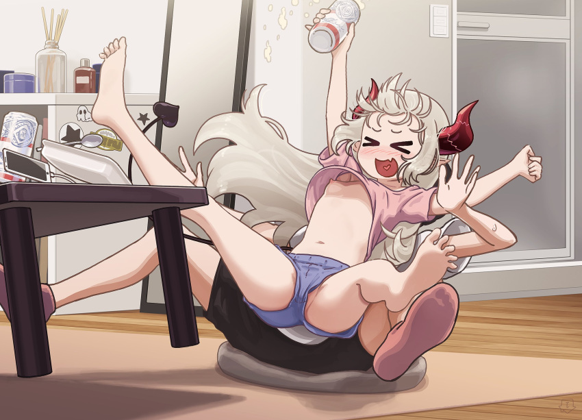&gt;_&lt; 1boy 1girl :d alcohol barefoot beer beer_can blush breasts can carpet cellphone closed_eyes curled_horns cushion demon_girl demon_horns demon_tail emma_august eyeharmheart fang foam full_body grey_hair heart heart_in_mouth highres horns incense indoors long_hair navel nijisanji nose_blush open_mouth outstretched_arms outstretched_legs phone pointy_ears red_horns shirt short_shorts shorts sitting sitting_on_lap sitting_on_person skin_fang small_breasts smartphone smile socks spoon sweatdrop t-shirt table tail upshirt virtual_youtuber xd