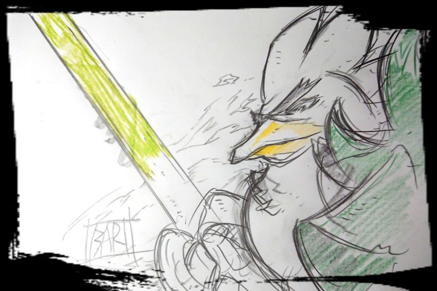 beak feathers gen_8_pokemon highres looking_to_the_side oobari_masami pokemon pokemon_(creature) serious shield signature sirfetch'd sketch solo sword thick_eyebrows translation_request v-shaped_eyebrows weapon