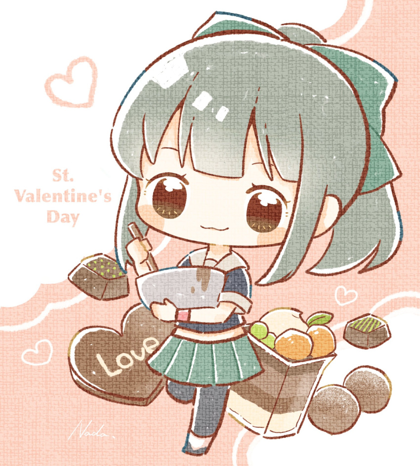 1girl :3 bangs black_legwear blush bow bowl brown_eyes candy chibi chocolate chocolate_heart food green_skirt grey_hair hair_bow heart highres holding holding_bowl kantai_collection leg_up nada_namie pantyhose ponytail sailor_collar short_sleeves sidelocks signature simple_background skirt smile solo two-tone_background valentine yuubari_(kancolle)