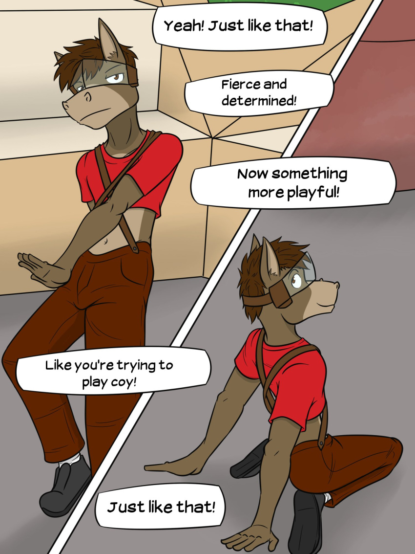 anthro asinus bottomwear clothed clothing comic cosplay crop_top dialogue donkey english_text equid equine footwear fuze hi_res jacques_(fuze) male mammal navel offscreen_character pants pose shirt shoes solo texnatsu text topwear visor