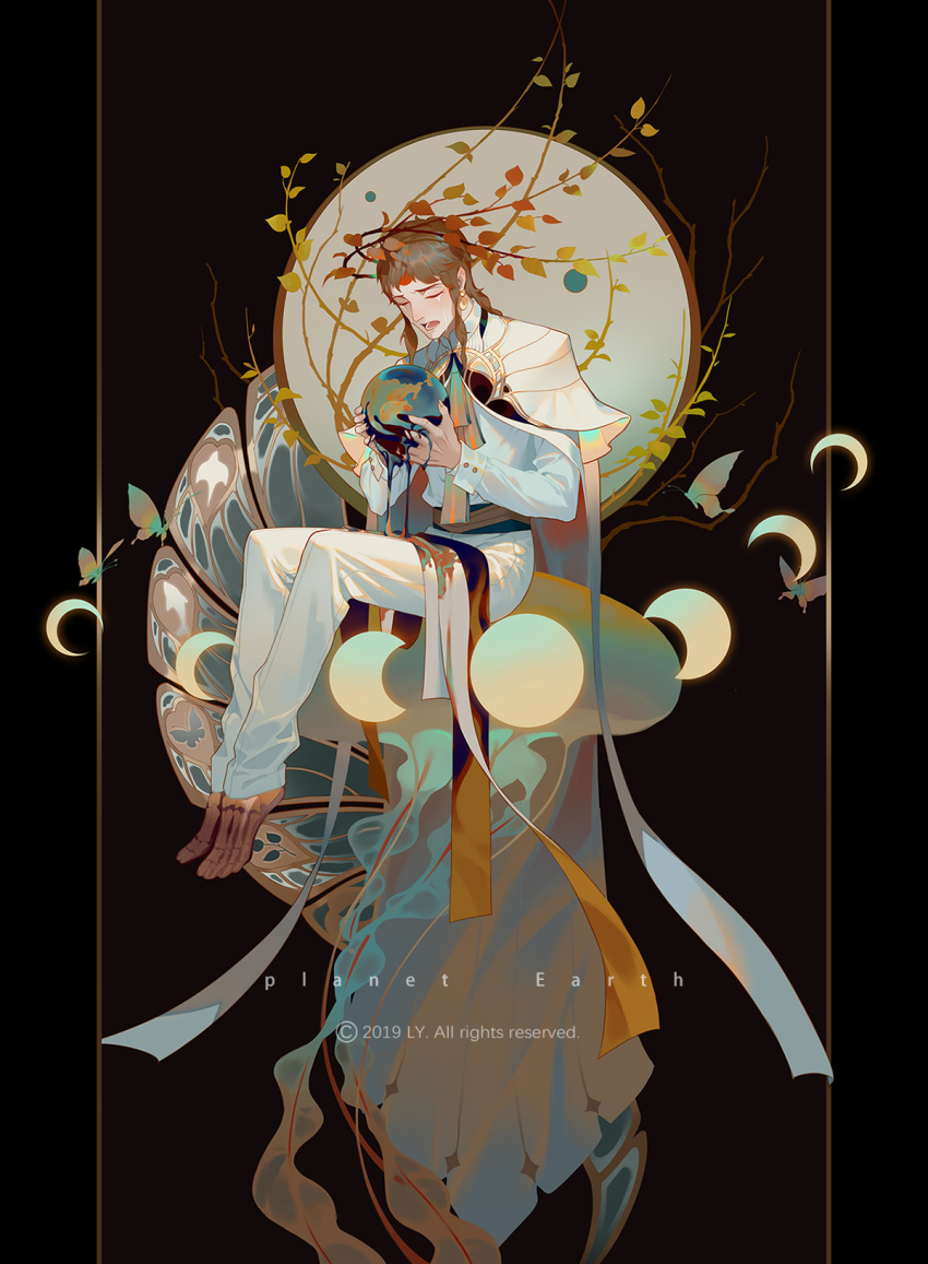 branch breasts bug butterfly capelet earth_(planet) floating highres insect iridescent leaf lian_yao moon original pants personification planet white_capelet white_pants