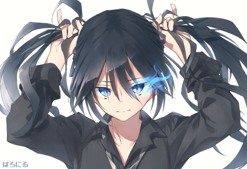 1girl baronilu black_hair black_rock_shooter black_rock_shooter_(character) black_shirt blue_eyes closed_mouth collared_shirt dress_shirt eyebrows_visible_through_hair flaming_eye floating_hair grey_neckwear hair_between_eyes long_hair portrait shirt simple_background solo twintails very_long_hair white_background wing_collar