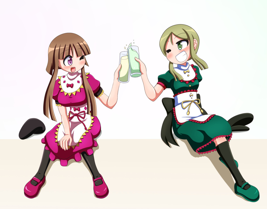 2girls ;d apron arm_up bangs between_legs black_legwear blush breasts brown_hair chibi commentary_request cup dress drinking_glass eyebrows_visible_through_hair green_dress green_eyes green_footwear grin hand_between_legs hat hat_removed headwear_removed highres hime_cut holding holding_cup large_breasts leaning_back light_brown_hair looking_at_another mary_janes multiple_girls nishida_satono one_eye_closed open_mouth pantyhose parted_bangs pink_background pink_dress pink_footwear puffy_short_sleeves puffy_sleeves purple_eyes rakugaki-biyori shadow shoes short_hair_with_long_locks short_sleeves sitting small_breasts smile tate_eboshi teireida_mai toast_(gesture) touhou two-tone_background waist_apron white_background