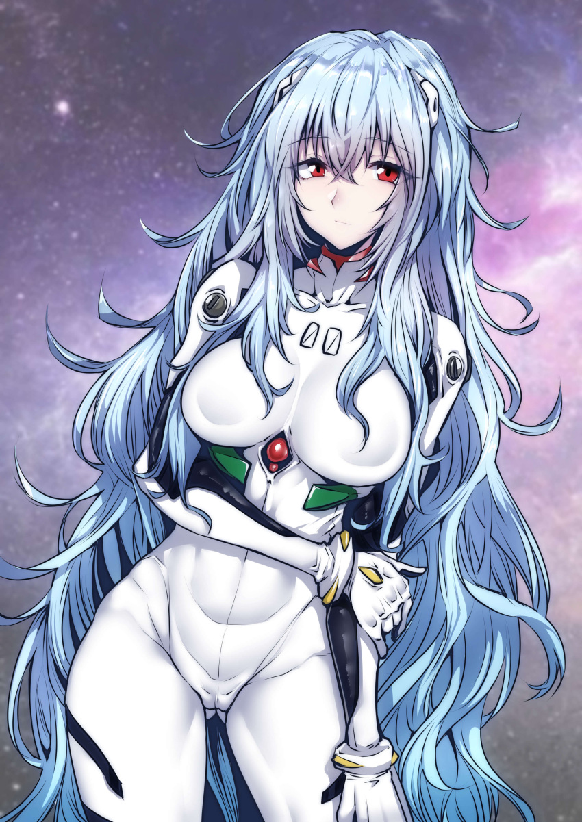 absurdres alternate_hair_length alternate_hairstyle ayanami_rei blue_hair bodysuit breasts eyebrows_visible_through_hair gggg highres holding_own_arm long_hair neon_genesis_evangelion plugsuit red_eyes shiny shiny_clothes tight very_long_hair white_bodysuit