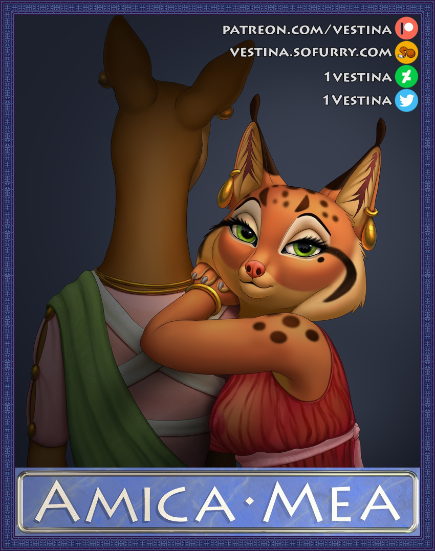 4_fingers amica_mea anthro blue_background bracelet brown_body brown_fur capreoline cervid claws clothed clothing cover cover_art cover_page dress duo ear_piercing ear_ring felid feline female female/female fingers fur gold_(metal) gold_jewelry green_eyes hi_res inner_ear_fluff jewelry laelia_(vestina) looking_at_viewer looking_forward lynx mammal mole_(marking) mole_under_eye necklace orange_body orange_fur piercing roe_deer simple_background smiling_at_viewer spots spotted_body spotted_fur text title translucent translucent_clothing tuft url valeria_(vestina) vestina