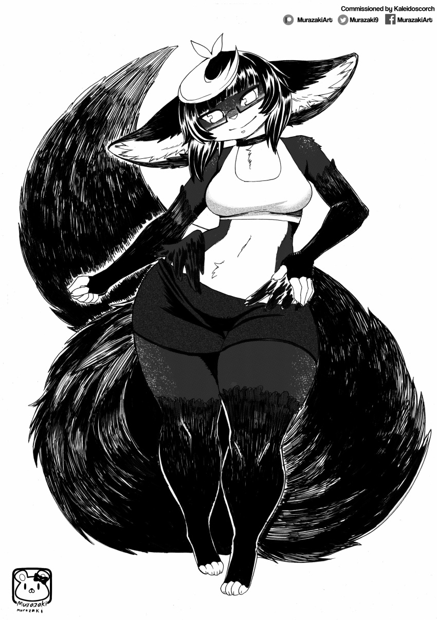 2020 absurd_res anthro biped bottomwear clothing crop_top female fluffy fluffy_tail full-length_portrait fur greyscale hair hi_res inner_ear_fluff legwear looking_at_viewer mammal midriff monochrome murazaki navel portrait shirt skirt smile solo standing thigh_highs topwear tuft unknown_species wide_hips