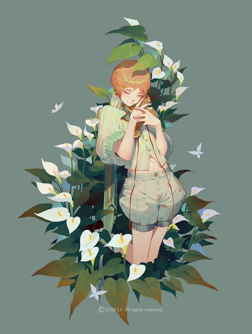 bug butterfly calla_lily closed_eyes flower highres insect leaf lian_yao navel original puffy_shorts puffy_sleeves red_hair short_hair shorts solo_focus white_flower