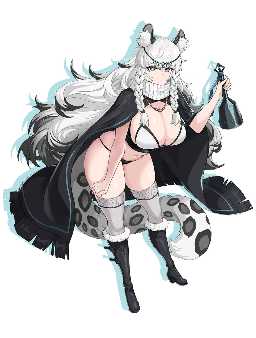 1girl animal_ear_fluff animal_ears arknights bell bikini black_hair boots braid breasts bright_pupils cape cleavage dot_mouth drop_shadow expressionless eyebrows_visible_through_hair fur_boots grey_eyes head_chain hella_p highres jewelry large_breasts leopard_ears leopard_girl leopard_tail long_hair multicolored_hair necklace pramanix_(arknights) side_braids solo swimsuit tail thighhighs turtleneck twin_braids two-tone_hair very_long_hair white_background white_hair