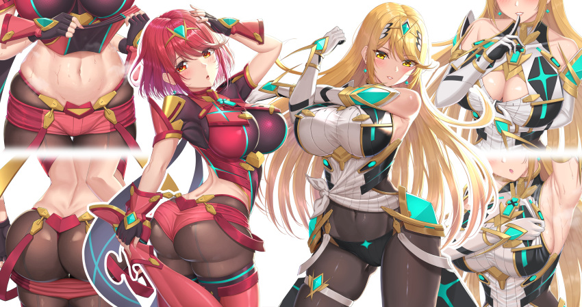 2girls absurdres armpits ass bangs black_legwear blonde_hair blush breasts butt_crack chest_jewel cleavage_cutout clothing_cutout cross-body_stretch earrings finger_to_mouth fingerless_gloves gloves headpiece highres jewelry large_breasts legwear_under_shorts long_hair multiple_girls multiple_views mythra_(massive_melee)_(xenoblade) mythra_(xenoblade) navel nemunemu_semi open_mouth pantyhose pyra_(xenoblade) red_eyes red_hair red_legwear red_shorts shiny shiny_clothes shirt_lift short_hair short_shorts shorts shorts_pull stretch super_smash_bros. sweat swept_bangs thighhighs tiara very_long_hair white_gloves xenoblade_chronicles_(series) xenoblade_chronicles_2 yellow_eyes
