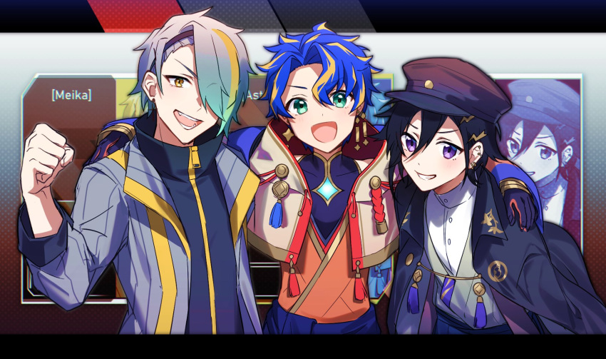 3boys apex_legends aqua_eyes arm_around_shoulder astel_leda black_gloves black_hair black_headwear blonde_hair blue_hair bodysuit clenched_hands gloves grey_jacket hair_behind_ear hair_between_eyes hair_over_one_eye haotoko_meika highres hinata_(sky) holostars indie_virtual_youtuber jacket jacket_on_shoulders kanade_izuru male_focus multicolored_hair multiple_boys one_eye_covered open_mouth purple_eyes smile streaked_hair v-shaped_eyebrows virtual_youtuber