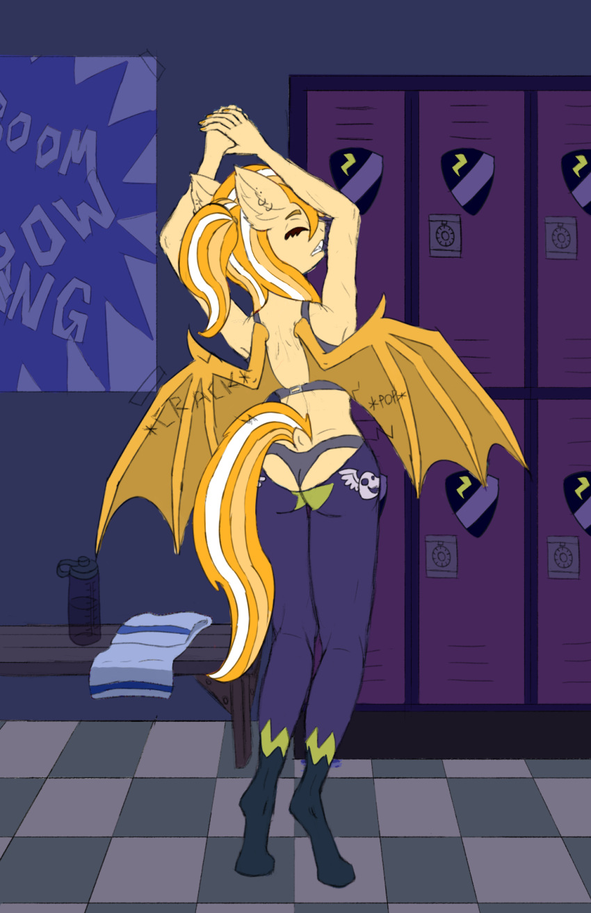 2021 back_cracking bat_pony blue_body bottomwear bra butt clothing cracking cracking_joints equid fangs female friendship_is_magic hair hasbro hi_res locker locker_room mammal midriff multicolored_hair multicolored_tail my_little_pony orange_hair panties pants pony_oc ponytail poster shadowbolts_(mlp) shadowbolts_uniform solo sports_bra spread_wings stretching sufficient_(artist) tight_clothing towel underwear wings yellow_body