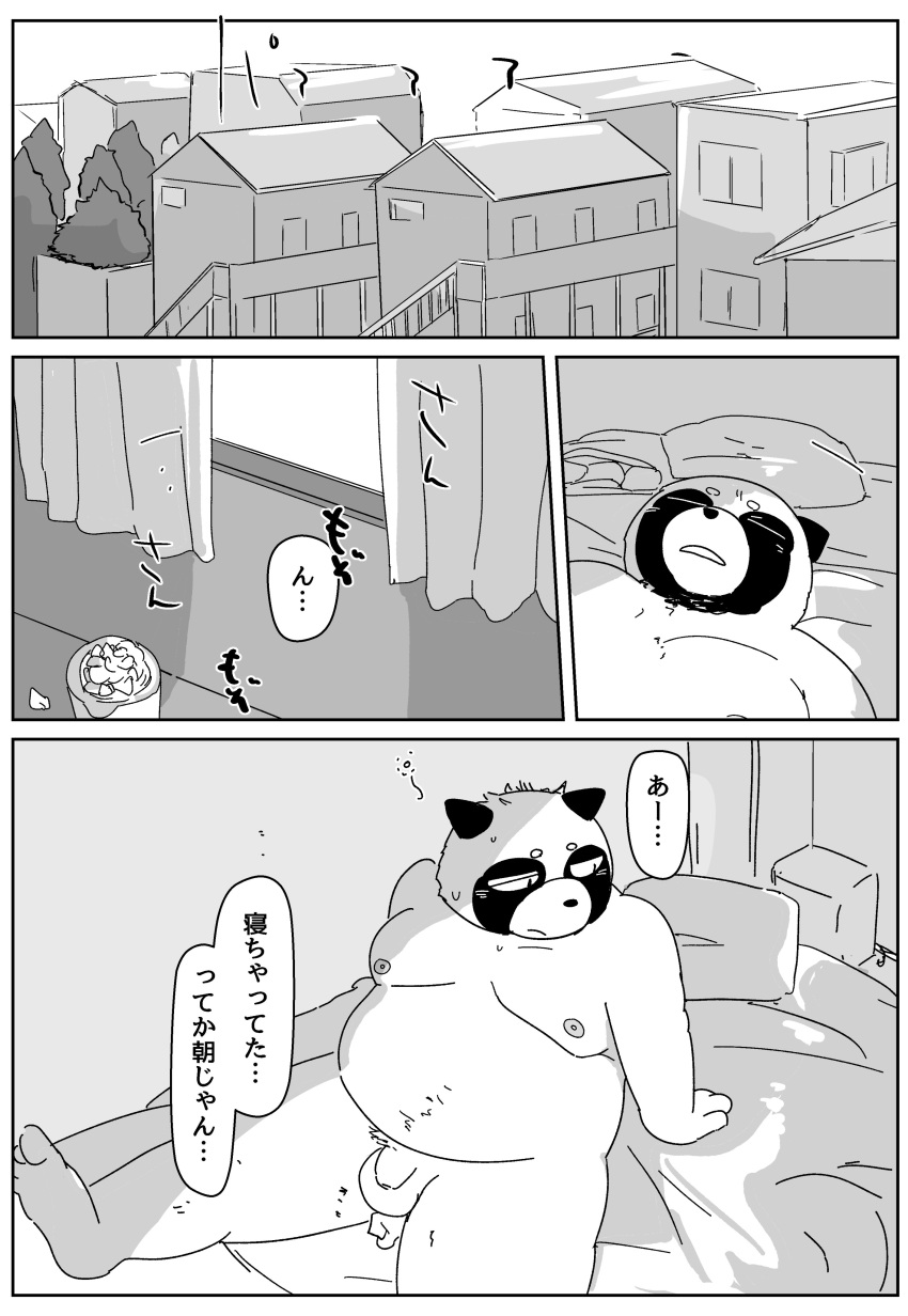 2021 absurd_res anthro balls bed bedroom belly bonedra canid canine comic eyes_closed flaccid furniture genitals hi_res inside japanese_text kemono male mammal moobs nipples overweight overweight_male penis pillow raccoon_dog sitting solo tanuki text