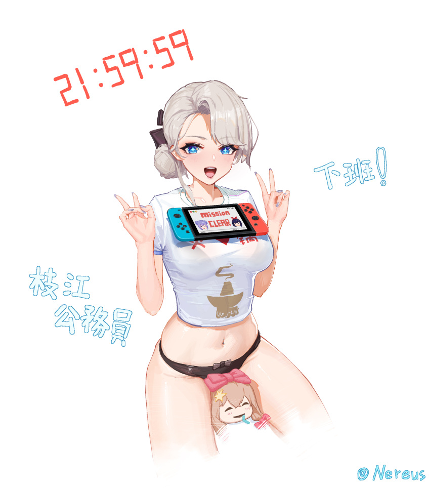 +_+ 1girl :d a-soul absurdres ava_(a-soul) bangs bella_(a-soul) between_legs black_panties blue_eyes bra_visible_through_clothes breasts character_doll chinese_commentary chinese_text commentary_request cowboy_shot crop_top diana_(a-soul) double_v eileen_(a-soul) eyebrows_visible_through_hair hair_bun highres large_breasts looking_at_viewer midriff nail_polish navel nintendo_switch object_on_breast open_clothes panties shirt short_hair short_sleeves silver_hair sitting smile solo ta03545 translation_request underwear v virtual_youtuber white_shirt