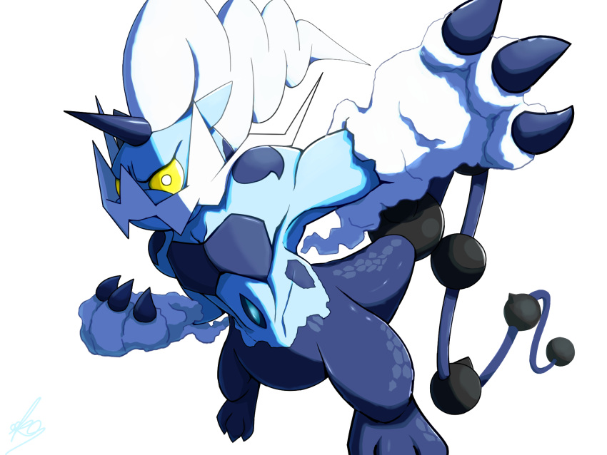 claws commentary_request ewokakukaede gen_5_pokemon highres legendary_pokemon looking_at_viewer no_humans pokemon pokemon_(creature) scales signature simple_background solo thundurus thundurus_(therian) white_background yellow_eyes