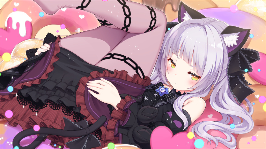 bed blush catgirl goth-loli gray_hair hololive lolita_fashion long_hair murasaki_shion pantyhose sasakura_momizi tail twintails