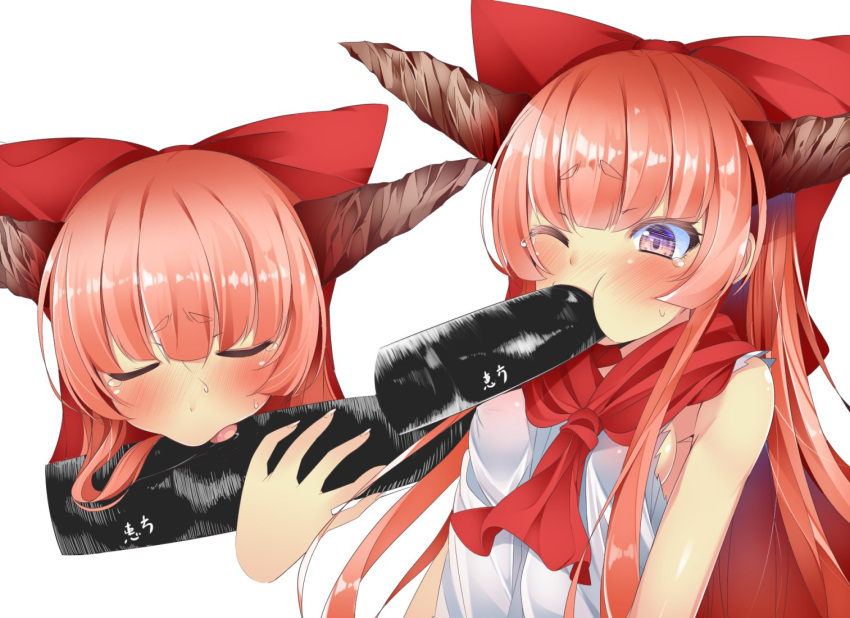 1girl bangs blunt_bangs blush bow breasts brown_eyes buta_(uhoiiotoko) closed_eyes commentary_request ehoumaki eyebrows_visible_through_hair food hair_bow horns ibuki_suika long_hair makizushi multiple_views neckerchief one_eye_closed open_mouth orange_hair red_bow red_neckwear shirt sideboob sidelocks simple_background simulated_fellatio sleeveless sleeveless_shirt small_breasts sushi tongue torn_clothes torn_sleeves touhou upper_body very_long_hair white_background white_shirt