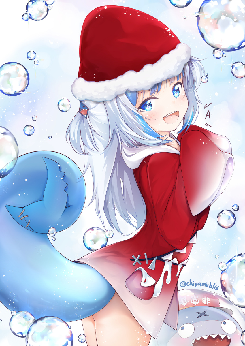 1girl absurdres bangs bloop_(gawr_gura) blue_eyes blue_hair blush chiyami christmas fish_tail gawr_gura hair_ornament hat highres hololive hololive_english hood looking_at_viewer multicolored_hair open_mouth santa_hat shark_tail sharp_teeth smile solo streaked_hair tail teeth virtual_youtuber