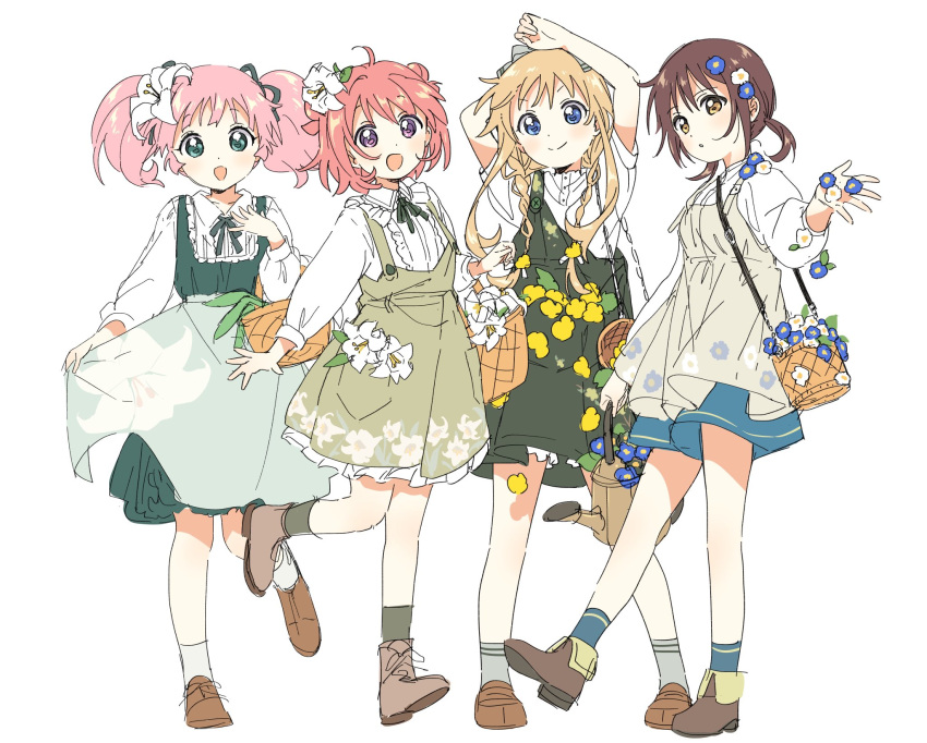 4girls akaza_akari basket blonde_hair blue_dress blue_eyes brown_hair double_bun dress flower full_body funami_yui green_dress green_neckwear hair_flower hair_ornament highres long_hair looking_at_viewer multiple_girls namori neck_ribbon open_mouth parted_lips purple_eyes red_hair ribbon short_hair simple_background smile standing toshinou_kyouko twintails white_background yellow_eyes yoshikawa_chinatsu yuru_yuri