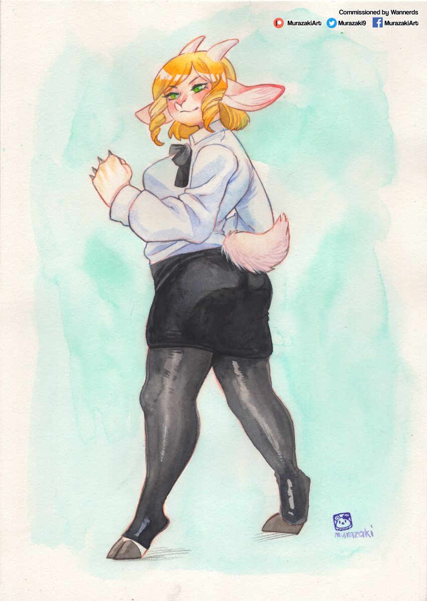 2020 absurd_res anthro biped blonde_hair bottomwear bovid bow_tie braests caprine clothing dress_shirt female goat hair hi_res hooves horn legwear looking_back mammal murazaki painting_(artwork) pencil_skirt rear_view shirt simple_background skirt smile solo stockings topwear traditional_media_(artwork) twintails_(hairstyle) watercolor_(artwork) weapon