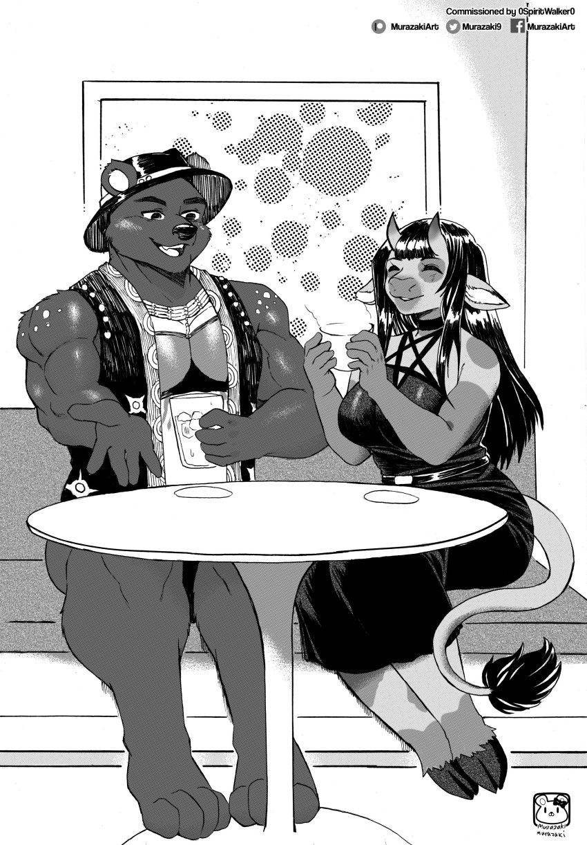 2020 absurd_res anthro bangs beverage biped bovid bovine cattle clothing dress duo eyes_closed female fur greyscale hair hate hi_res holding_beverage holding_object hooves horn inside jewelry male mammal monochrome murazaki muscular muscular_anthro muscular_male necklace open_mouth paws sitting smile topwear ursid vest