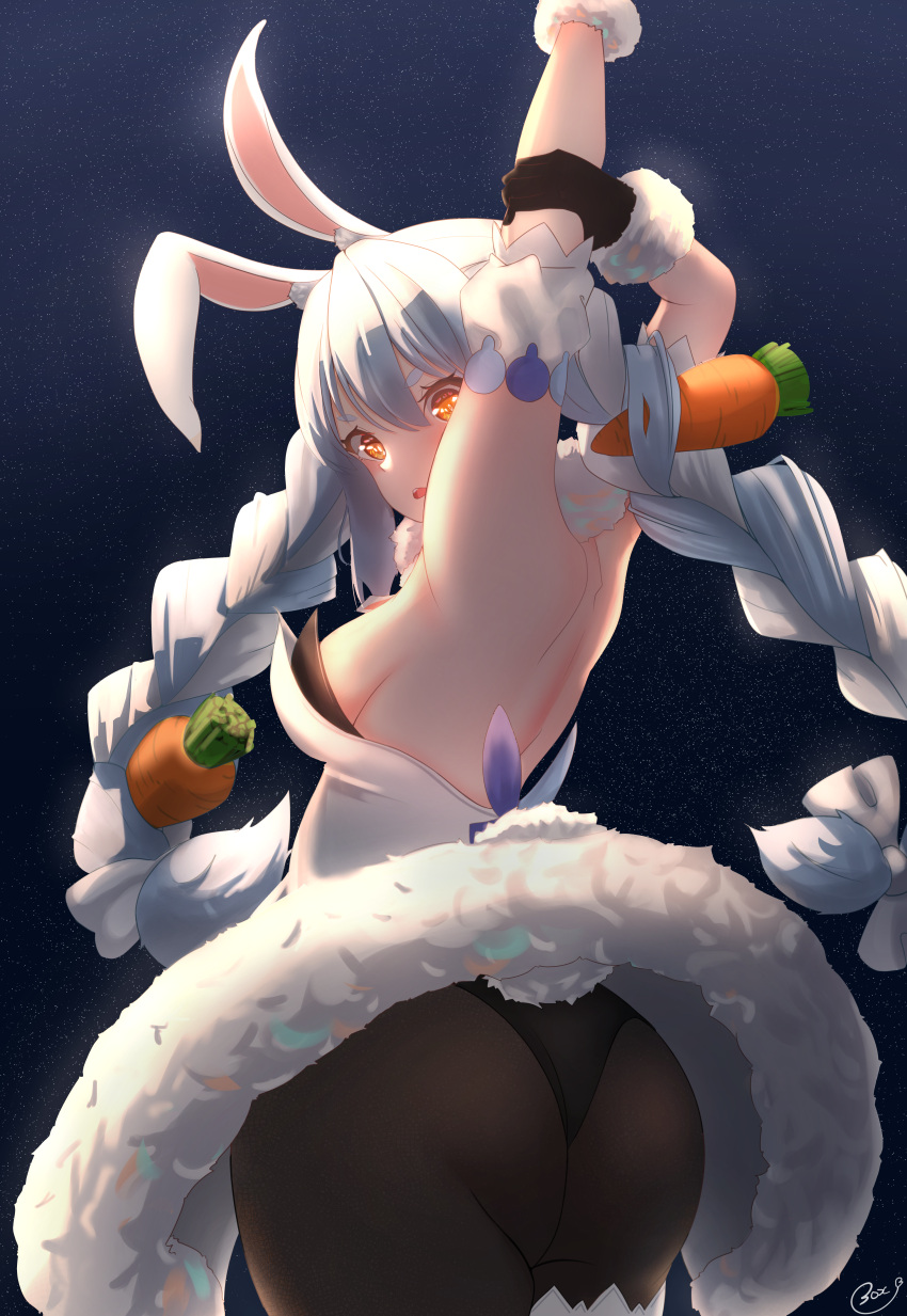 1girl absurdres animal_ear_fluff animal_ears ass backless_coat backless_leotard bangs bare_back black_gloves black_legwear black_leotard blue_hair braid breasts bunny_ears bunny_tail carrot_hair_ornament chestnut_mouth clothing_cutout coat cowboy_shot detached_sleeves food_themed_hair_ornament from_behind fur-trimmed_coat fur-trimmed_gloves fur_scarf fur_trim garters gloves hair_between_eyes hair_ornament highres hikimayu hololive huge_filesize leotard leotard_pull leotard_under_clothes long_hair looking_at_viewer mcbox multicolored_hair orange_eyes pantyhose parted_lips playboy_bunny puffy_short_sleeves puffy_sleeves rabbit_girl scarf short_eyebrows short_sleeves shoulder_blades single_garter small_breasts solo strapless strapless_coat strapless_leotard stretch surprised tail tail_cutout thighs twin_braids twintails two-tone_hair usada_pekora virtual_youtuber white_coat white_hair white_scarf white_sleeves