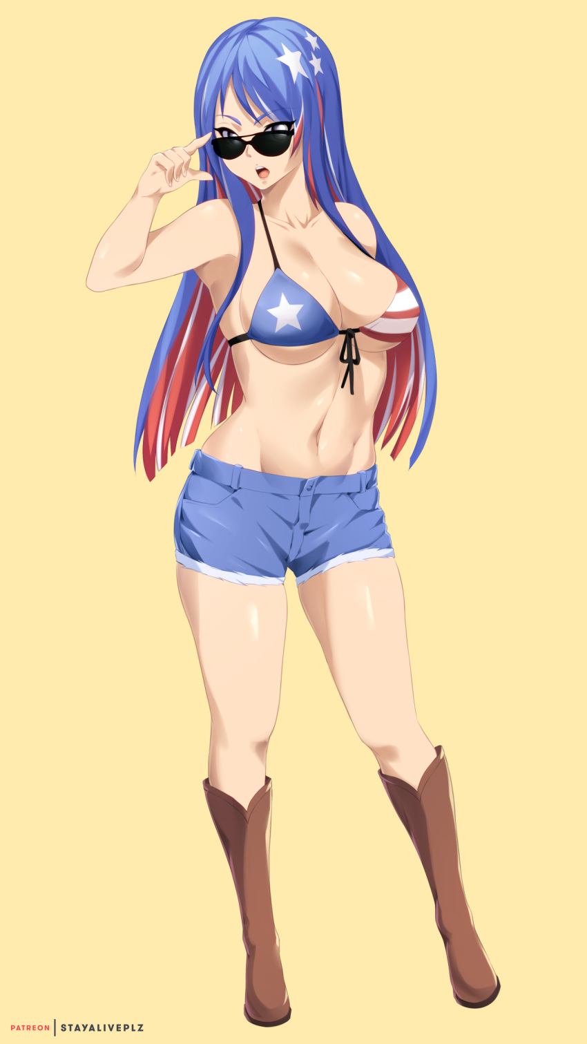 1girl absurdres american_flag_bikini artist_name beige_background bikini bikini_top blue_hair boots breasts brown_footwear commission cowboy_boots cutoffs denim denim_shorts english_commentary flag_print front-tie_top full_body gradient gradient_background hand_on_eyewear highres kantai_collection large_breasts long_hair looking_over_eyewear multicolored_hair red_hair shorts solo south_dakota_(kancolle) standing star_(symbol) stayaliveplz sunglasses swimsuit white_hair