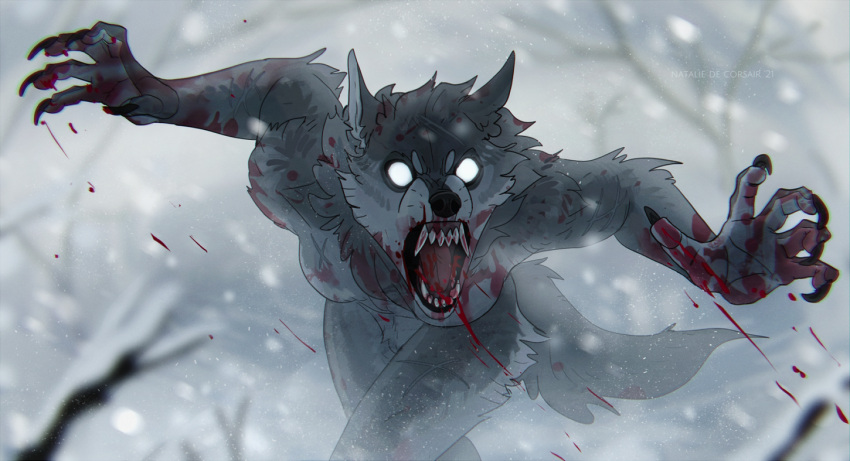 angry anthro blood bodily_fluids canid canine canis claws female fur grey_body grey_fur mammal natalie_de_corsair nature plant roaring snow solo teeth tree were werecanid werecanine werewolf white_eyes winter wolf