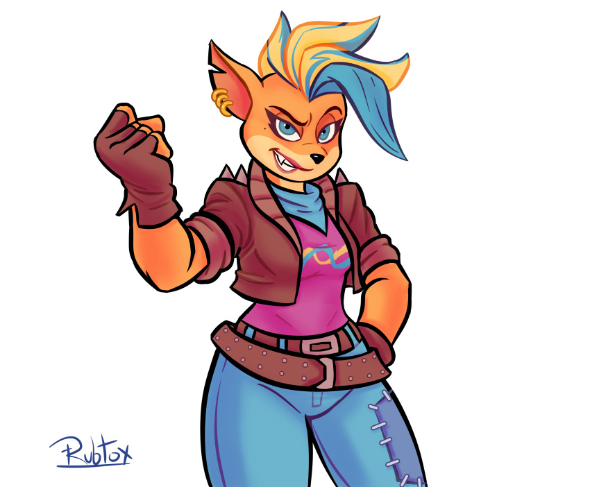 2020 5_fingers absurd_res activision anthro belt blue_eyes breasts clothing crash_bandicoot_(series) ear_piercing ear_ring female fingerless_gloves fingers gloves hair handwear hi_res mammal marsupial multicolored_hair piercing pirate_tawna rubtox signature simple_background smile solo tawna_bandicoot video_games