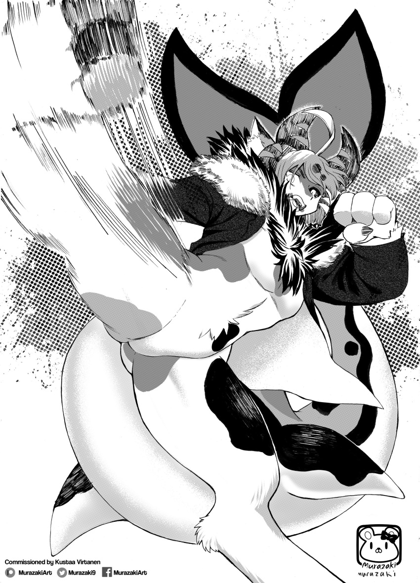 2020 abstract_background absurd_res action_pose black_sclera bottomless chest_tuft clothed clothing featureless_crotch fish fish_tail greyscale hair hi_res inner_ear_fluff jacket kick male marine monochrome murazaki open_mouth pose shark simple_background solo topwear tuft