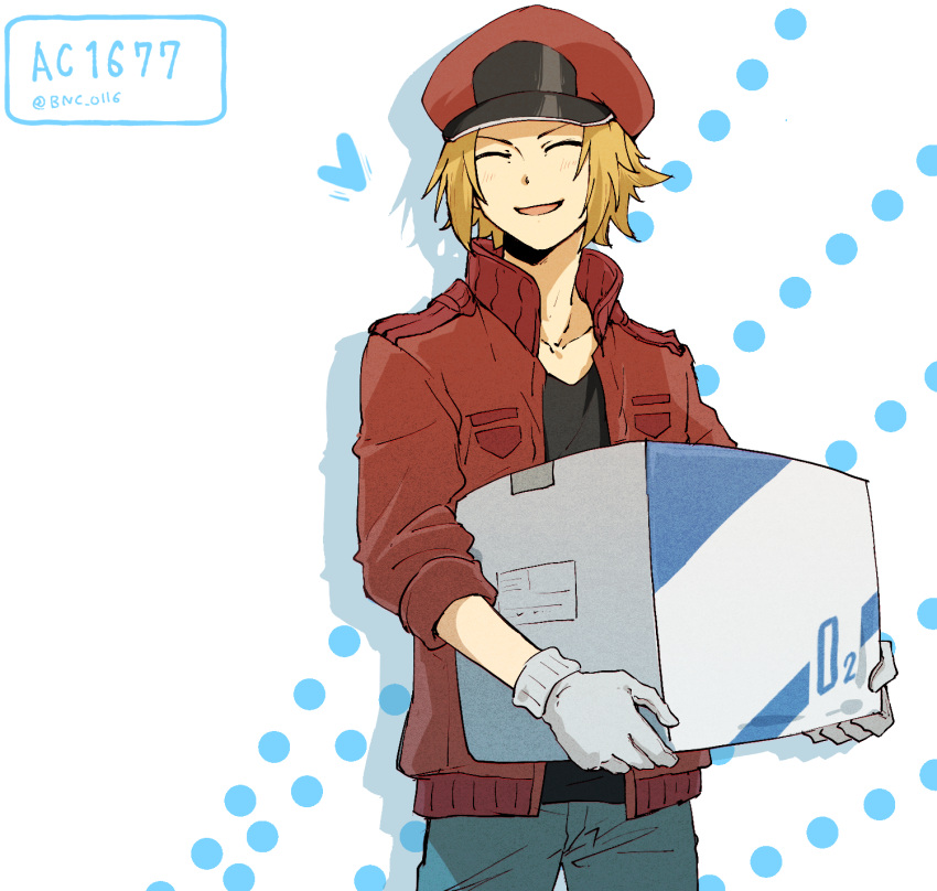 1boy ac-1677 banchii black_shirt blonde_hair blue_pants box cabbie_hat character_name closed_eyes cowboy_shot gloves hat hataraku_saibou hataraku_saibou_black heart highres holding holding_box jacket pants red_headwear red_jacket shirt simple_background standing white_gloves