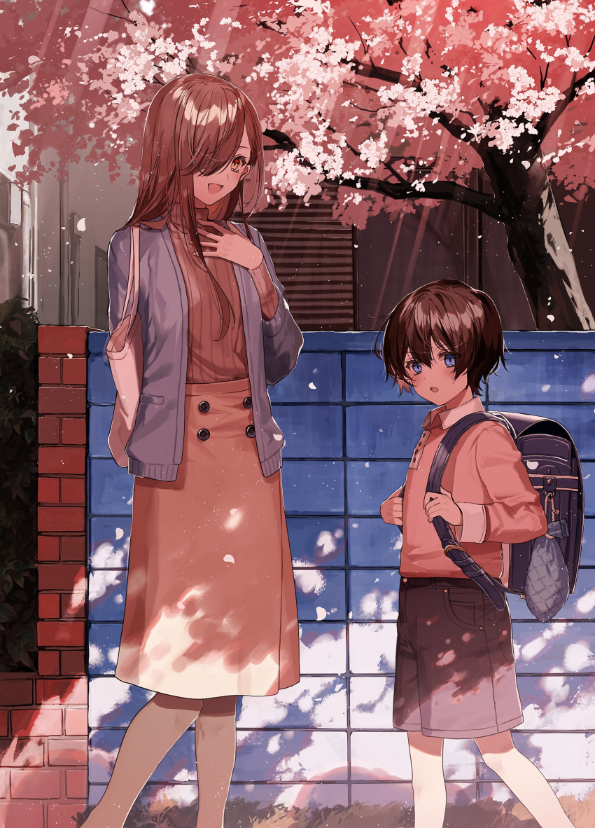 1boy 1girl absurdres age_difference backpack bag blue_eyes breasts brown_hair cherry_blossoms commentary fuuna_(conclusion) hair_over_one_eye highres holding holding_bag long_hair looking_at_another medium_skirt open_mouth original outdoors pantyhose shadow skirt small_breasts smile spring_(season) walking yellow_eyes