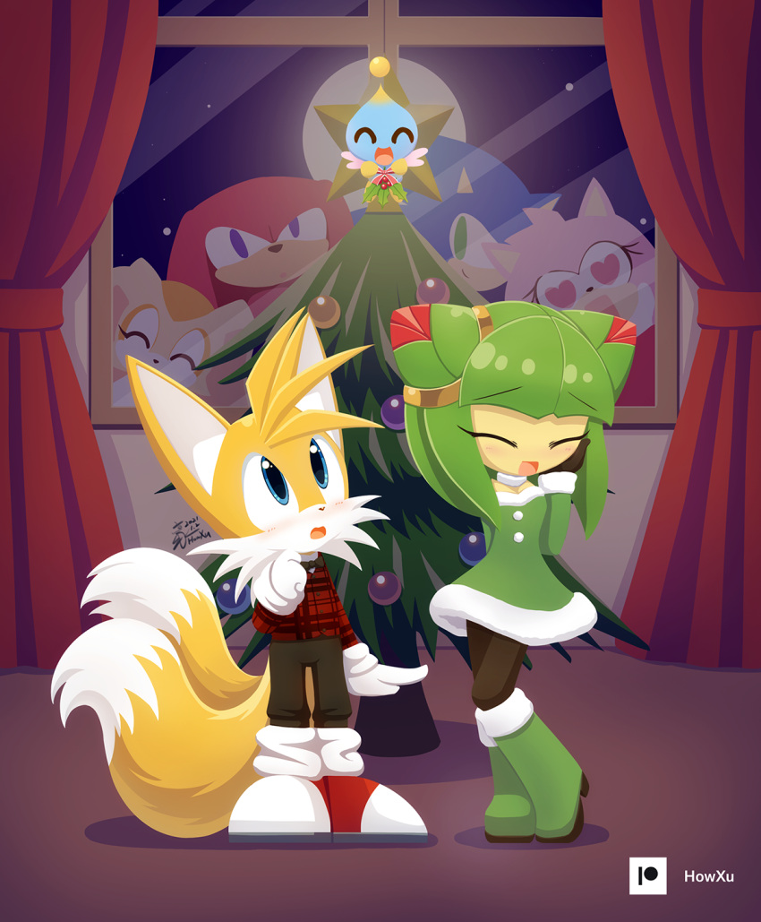 &lt;3 &lt;3_eyes 2021 alien amy_rose anthro being_watched blue_eyes boots christmas christmas_tree clothing cosmo_the_seedrian cream_the_rabbit echidna elemental_creature eulipotyphlan eyes_closed female flora_fauna footwear full_moon fur green_eyes group hedgehog hi_res holidays howxu knuckles_the_echidna lagomorph looking_at_another male mammal miles_prower monotreme moon night open_mouth open_smile plant plantigrade purple_eyes seedrian signature smile sonic_the_hedgehog sonic_the_hedgehog_(series) sonic_x tree video_games window