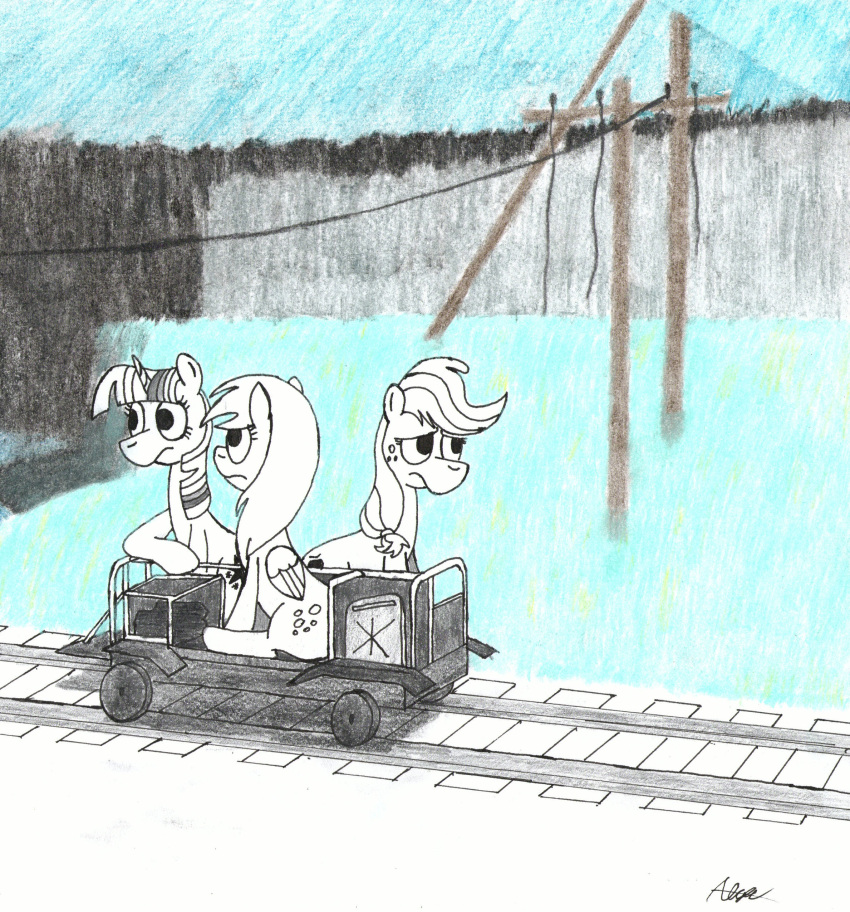 absurd_res algernon97 anthro applejack_(mlp) crossover cutie_mark derpy_hooves_(mlp) earth_pony equid equine female freckles friendship_is_magic group hasbro hi_res horn horse mammal my_little_pony parody partially_colored pegasus pony power_lines railroad science_fiction signature stalker_(1979) twilight_sparkle_(mlp) unicorn wings