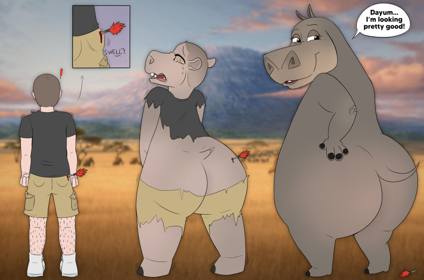absurd_res africa anthro axiomtf big_butt body_size_growth butt clothed clothing common_hippopotamus dart dreamworks female gender_transformation gloria_the_hippopotamus hand_on_butt hi_res hippopotamid human humanoid hypnosis hypnotic_eyes lunchiepanda madagascar_(series) male mammal mind_control savanna size_transformation solo speech_bubble swelling text thick_thighs torn_clothing transformation