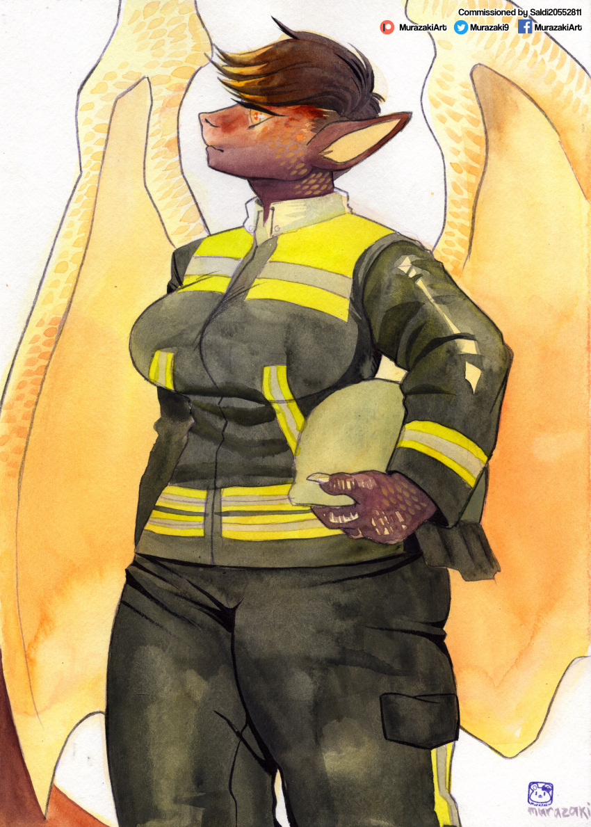 2020 absurd_res anthro biped bottomwear clothing dragon female firefighter hair hi_res holding_object jacket looking_away murazaki painting_(artwork) pants scalie simple_background solo standing topwear traditional_media_(artwork) watercolor_(artwork) white_background wings
