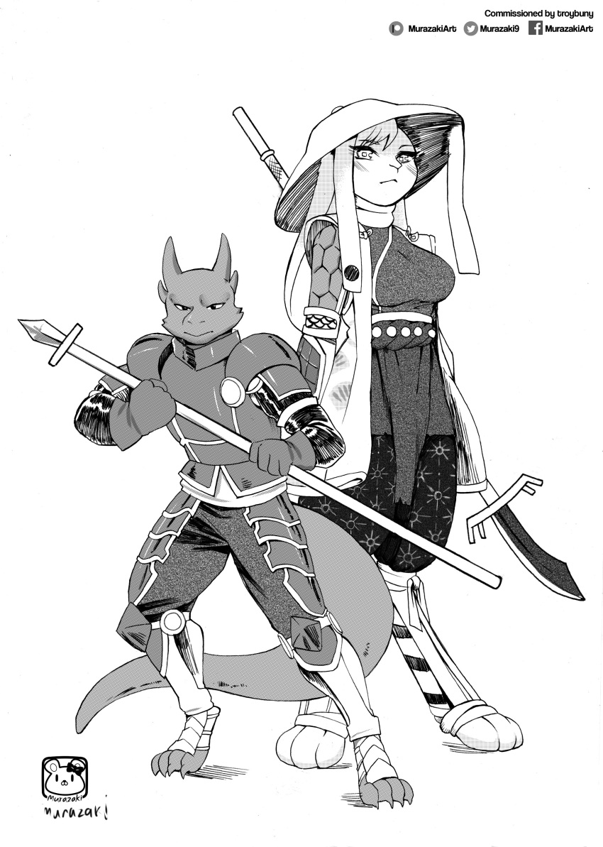 2020 absurd_res anthro armor biped breasts claws digitigrade dragon duo female greyscale hi_res holding_object holding_weapon lagomorph leporid looking_at_viewer looking_away male mammal melee_weapon monochrome murazaki naginata paws plate_armor polearm rabbit scalie simple_background spear standing weapon white_background