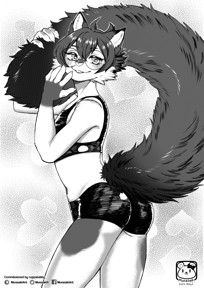 2020 absurd_res ambiguous_gender anthro biped bottomwear butt clothing crop_top eyewear felid feline fluffy fluffy_tail fur glasses greyscale hair hi_res hotpants looking_back mammal monochrome murazaki rear_view shirt shorts simple_background smile solo standing topwear