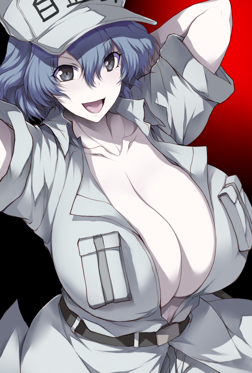 1girl :d black_eyes blue_hair breasts cabbie_hat cleavage colored_skin eyebrows_visible_through_hair hair_between_eyes hat hataraku_saibou hataraku_saibou_black highres huge_breasts looking_at_viewer open_mouth short_hair short_sleeves smile solo tsukasawa_takamatsu u-1212 white_blood_cell_(hataraku_saibou) white_skin