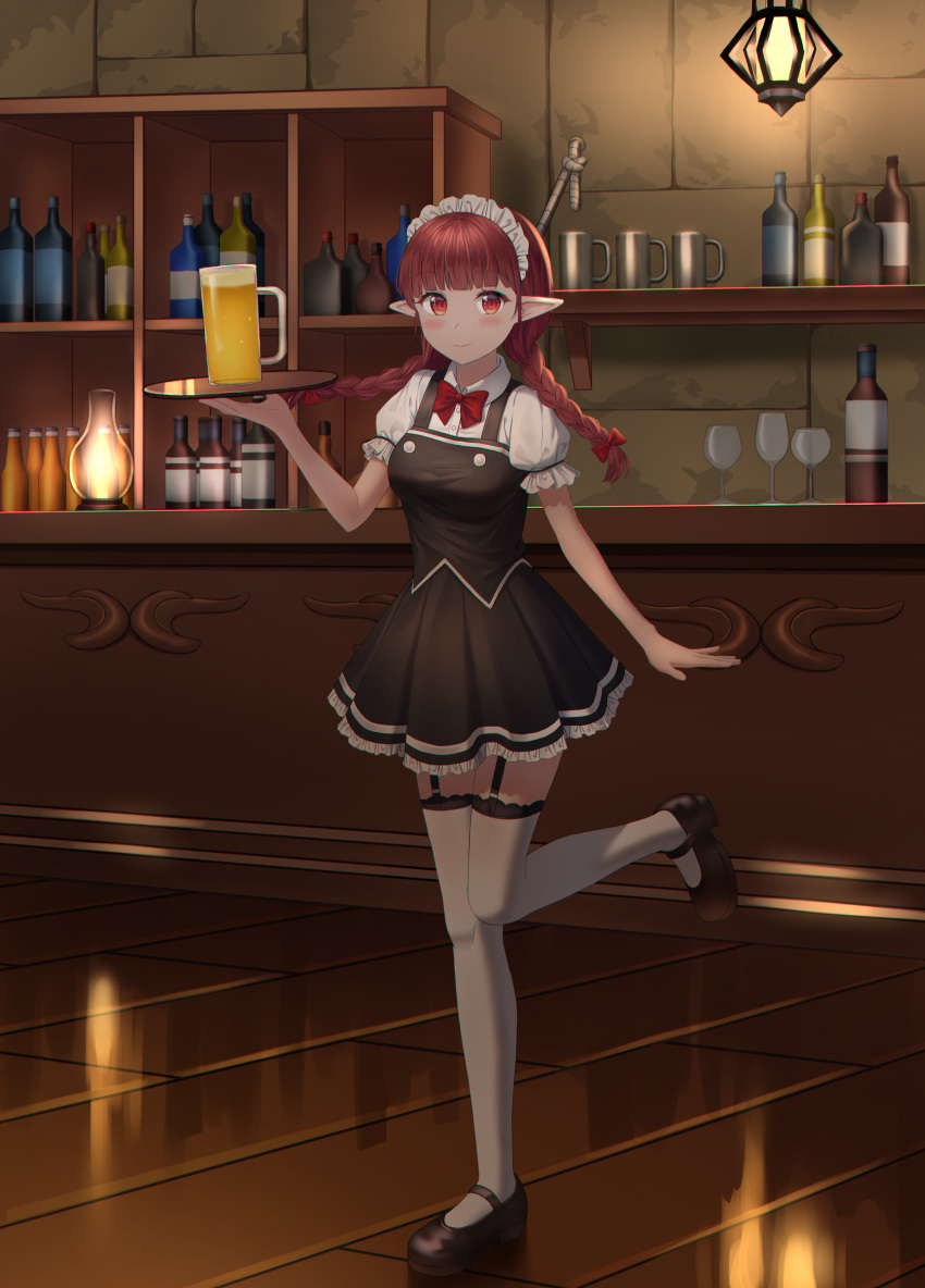 1girl absurdres alcohol bangs bar beer beer_mug black_footwear blunt_bangs blush bottle bow bowtie braid breasts commission cup eyebrows_visible_through_hair frills garter_straps hair_bow highres holding holding_tray indoors long_hair looking_at_viewer maid maid_headdress mary_janes mug nay original pointy_ears red_bow red_eyes red_hair shoes short_sleeves smile solo standing standing_on_one_leg thighhighs tray twin_braids white_legwear wooden_floor