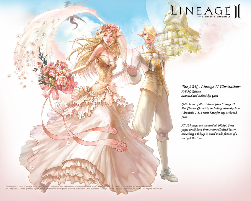 1girl artist_request blonde_hair bride dress elbow_gloves elf elf_(lineage_2) flower gloves lineage lineage_2 pointy_ears wedding wedding_dress