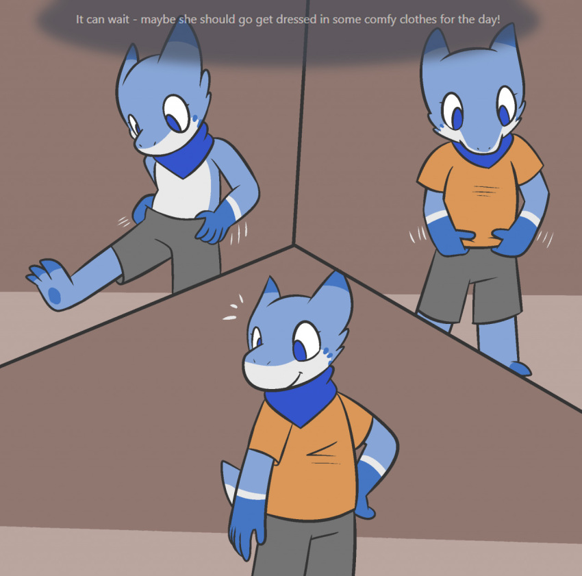 2021 anthro blue_body blue_eyes blue_scales clenched_fists clothed clothing cute_expression cute_eyes cute_face english_text feet female fist gesture handshake happy hi_res hindpaw kobold lazuli_(ritzcat) paws ritzcat scales smile solo spread_legs spreading standing standing_position text wall_(disambiguation) white_body white_scales