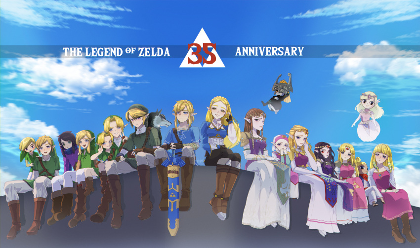 6+boys 6+girls absurdres anniversary ao_haruki blonde_hair boots brown_footwear brown_hair copyright_name dress ghost green_headwear green_tunic highres link link_(wolf) long_hair looking_at_viewer master_sword midna multiple_boys multiple_girls multiple_persona pink_dress pointy_ears princess_hilda princess_zelda ravio scabbard sheath sword tetra the_legend_of_zelda the_legend_of_zelda:_a_link_between_worlds the_legend_of_zelda:_breath_of_the_wild the_legend_of_zelda:_ocarina_of_time the_legend_of_zelda:_skyward_sword the_legend_of_zelda:_spirit_tracks the_legend_of_zelda:_the_wind_waker the_legend_of_zelda:_twilight_princess tiara toon_link toon_zelda weapon wolf young_link young_zelda